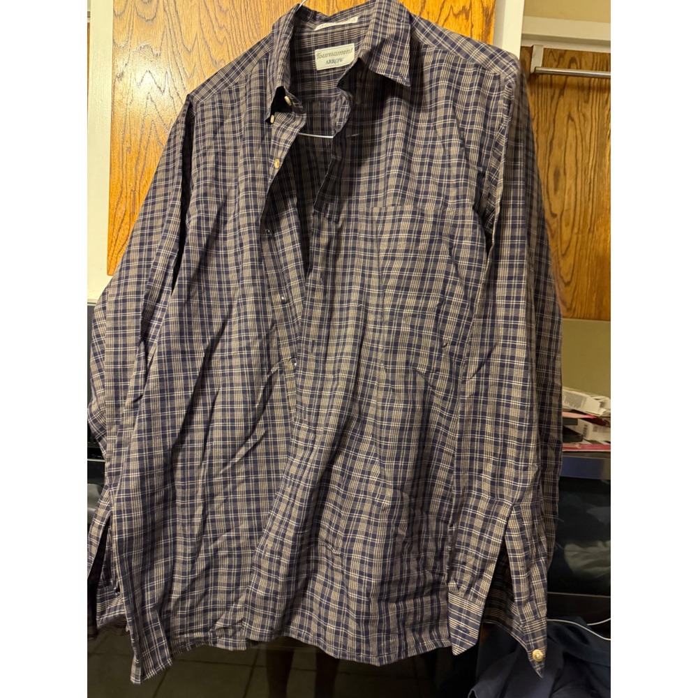 Tournament Arrow Mens LT BlueTan Plaid Wrinkle Free Button DownShirt Long Sleeve
